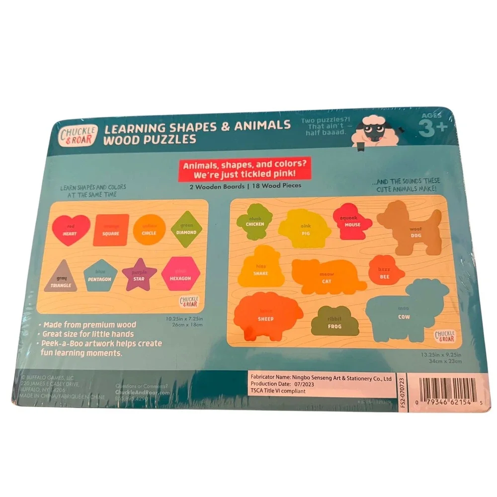Chuckle & Roar Learning Shapes & Animals Wood Puzzles 2pk Toddler Toy NEW